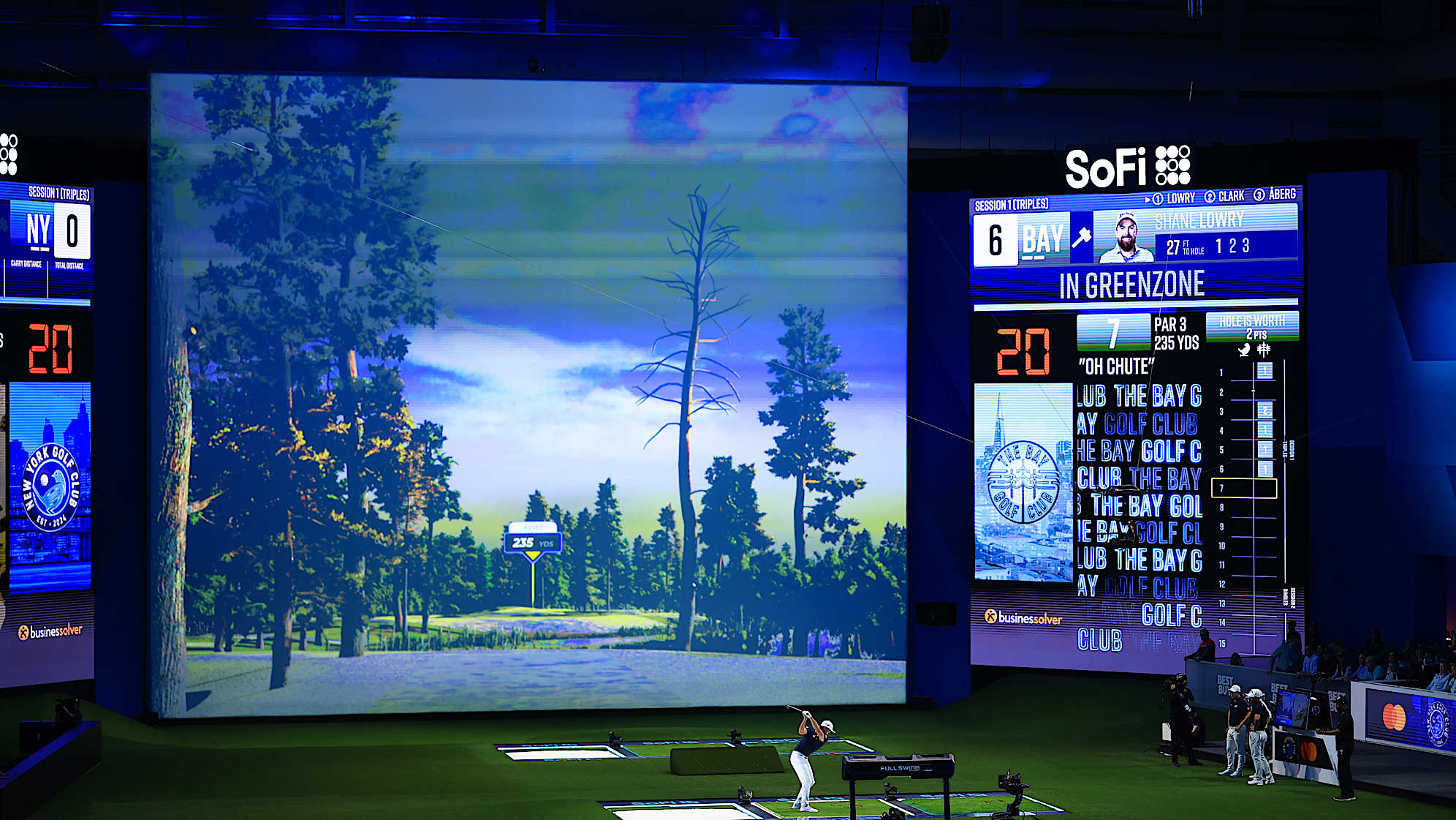 PALM BEACH GARDENS, FLORIDA - JANUARY 07: Rickie Fowler of New York Golf Club plays a shot on the seventh hole during their TGL presented by SoFi match against The Bay Golf Club at SoFi Center on January 07, 2025 in Palm Beach Gardens, Florida. (Photo by Mike Ehrmann/TGL/TGL Golf via Getty Images)